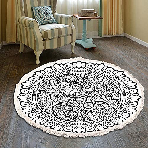 Vintage Boho Baumwolle Teppiche Mandala Muster Waschbar Handgewebte Böhmische Runder Teppich mit Quasten für Schlafzimmer Flur Wohnzimmer Couchtisch Fußmatten,Waschmaschinenfest,100CM Blumen #25 von Duories