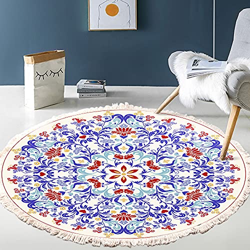 Vintage Boho Baumwolle Teppiche Mandala Muster Waschbar Handgewebte Böhmische Runder Teppich mit Quasten für Schlafzimmer Flur Wohnzimmer Couchtisch Fußmatten,Waschmaschinenfest,100CM Blumen #7 von Duories