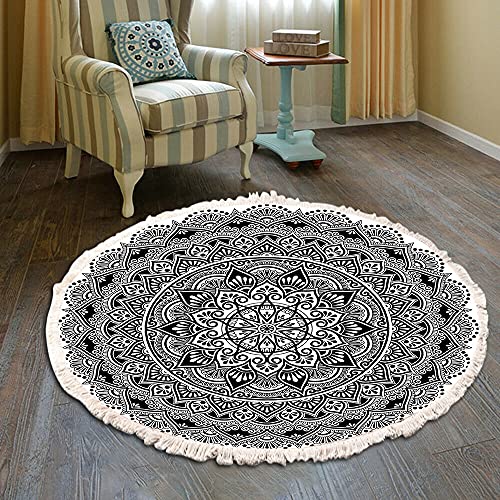 Vintage Boho Baumwolle Teppiche Mandala Muster Waschbar Handgewebte Böhmische Runder Teppich mit Quasten für Schlafzimmer Flur Wohnzimmer Couchtisch Fußmatten,Waschmaschinenfest,120CM Blumen #28 von Duories