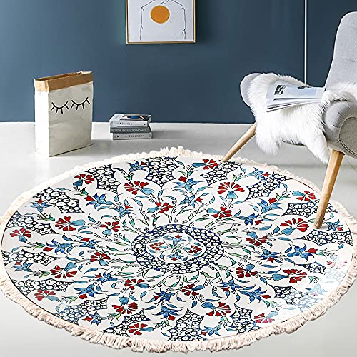 Vintage Boho Baumwolle Teppiche Mandala Muster Waschbar Handgewebte Böhmische Runder Teppich mit Quasten für Schlafzimmer Flur Wohnzimmer Couchtisch Fußmatten,Waschmaschinenfest,60CM Blumen #14 von Duories