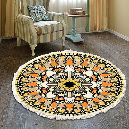 Vintage Boho Baumwolle Teppiche Mandala Muster Waschbar Handgewebte Böhmische Runder Teppich mit Quasten für Schlafzimmer Flur Wohnzimmer Couchtisch Fußmatten,Waschmaschinenfest,60CM Blumen #31 von Duories