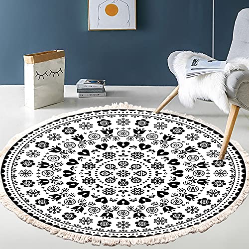 Vintage Boho Baumwolle Teppiche Mandala Muster Waschbar Handgewebte Böhmische Runder Teppich mit Quasten für Schlafzimmer Flur Wohnzimmer Couchtisch Fußmatten,Waschmaschinenfest,80CM Blumen #9 von Duories