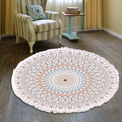 Vintage Boho Baumwolle Teppiche Mandala Muster Waschbar Handgewebte Böhmische Runder Teppich mit Quasten für Schlafzimmer Flur Wohnzimmer Couchtisch Fußmatten,Waschmaschinenfest,90CM Blumen #24 von Duories