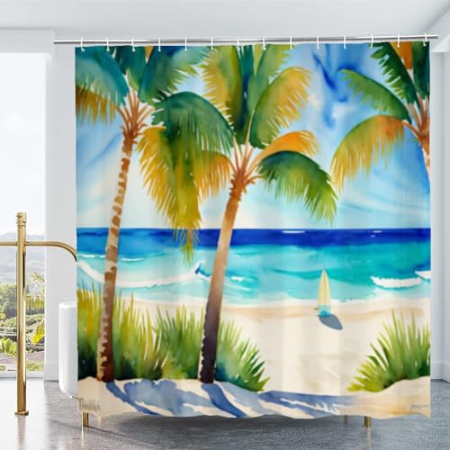 Meerblick Duschvorhang 120 x 200, Wasserdicht Waschbar Anti-Schimmel Polyester Duschvorhänge Palme Shower Curtain Badvorhänge mit Ringe für Badezimmer von Duoyesm