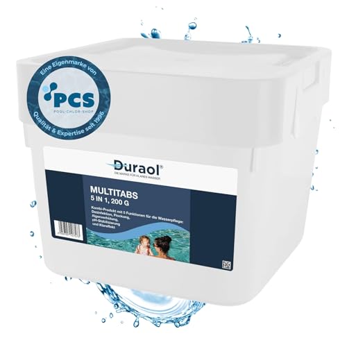 Duraol 3kg Chlor Multitabs 5 in 1, 200g - Chlortabletten für Pool - langsamlösliche Chlortabs als Pool Reinungsmittel - Langzeit Tabs Reinigungstabletten - Poolchemie Poolpflege - Pool Zubehör von Duraol