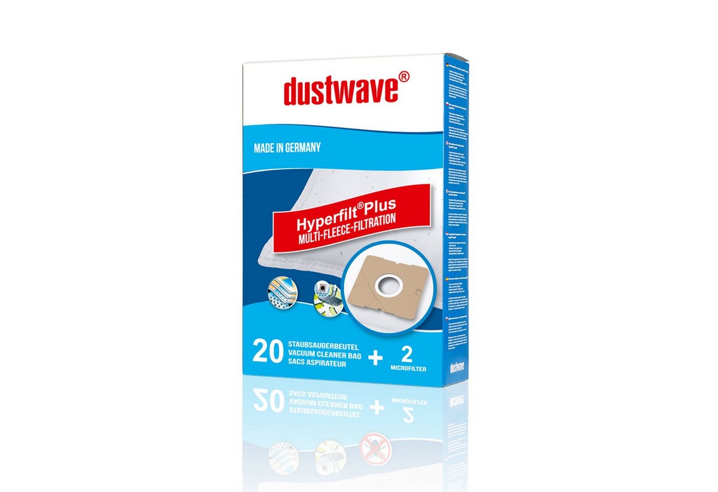 Dustwave Staubsaugerbeutel Megapack, passend für AmazonBasics 15C, 20 St., Megapack, 20 Staubsaugerbeutel + 2 Hepa-Filter (ca. 15x15cm - zuschneidbar) von Dustwave