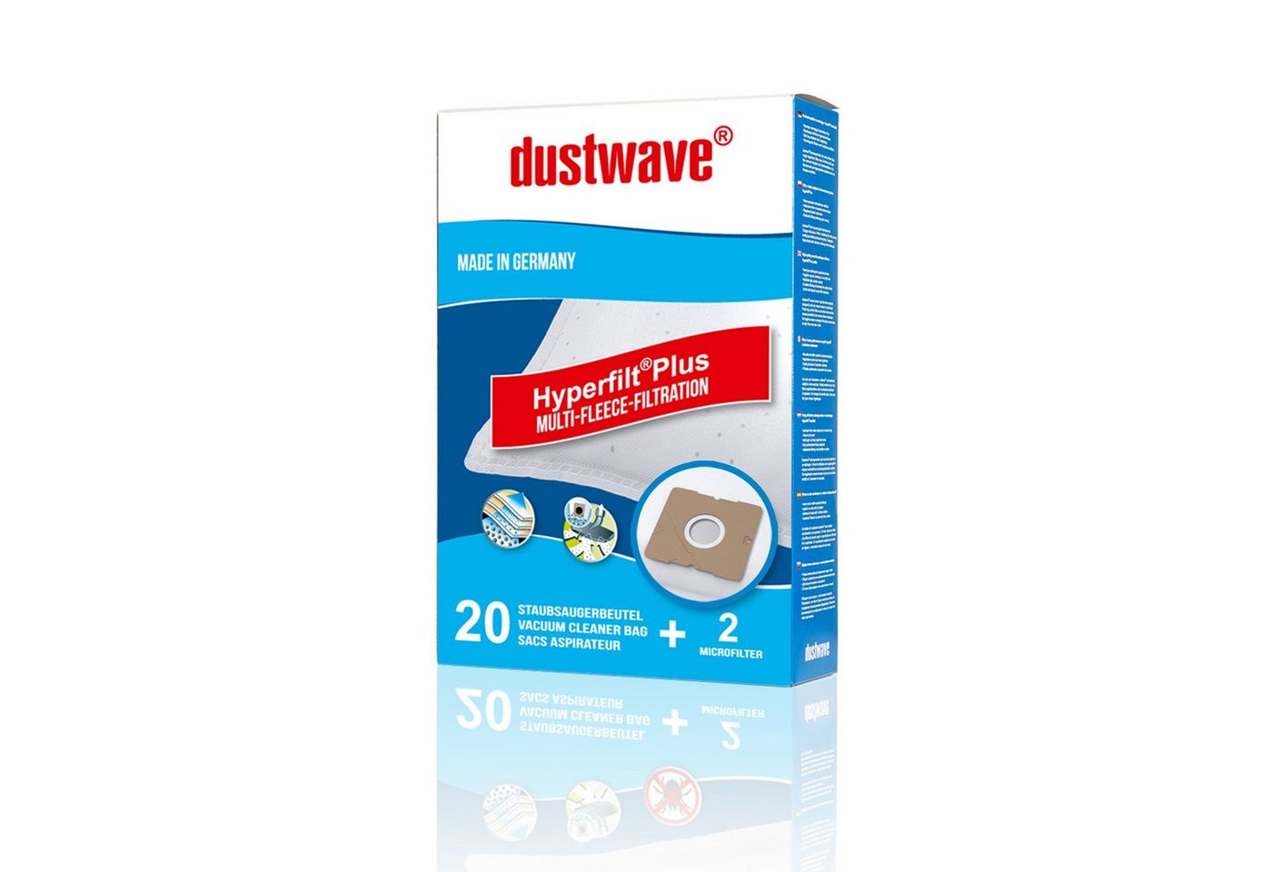 Dustwave Staubsaugerbeutel Megapack, passend für Base BA 1840, 20 St., Megapack, 20 Staubsaugerbeutel + 2 Hepa-Filter (ca. 15x15cm - zuschneidbar) von Dustwave