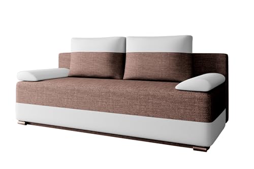 Schlafsofa ATLANTA – Polstersofa Schlafcouch Sofa Sofagarnitur Couch Schlafsofa für Wohnzimmer mit Bettfunktion, Schlaffunktion und Bettkasten: 200x90x96 cm - (Braun + Weiß (Lawa 02 + Soft 17)) von E-MEUBLES
