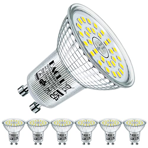 EACLL GU10 LED Kaltweiss 6 Watt Ersetzt 100W Halogen Leuchtmittel, 6er-Pack, 745 Lumen 6000 Kelvin Birnen, AC 230V Flimmerfrei Strahler, Abstrahlwinkel 120 Grad Spot, Nicht Dimmbar Reflektorlampen von EACLL