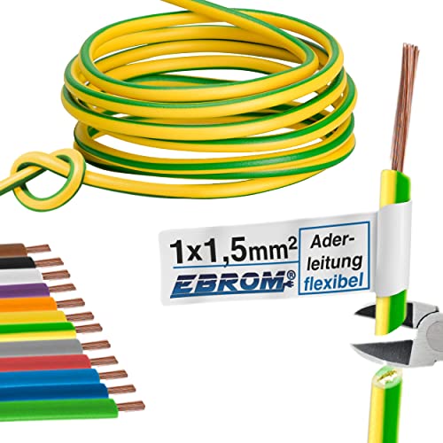 Aderleitung Verdrahtungsleitung - Einzelader flexibel 1,5 mm2 - PVC Leitung - H07V-K 1,5 mm² - Farbe: grün gelb - viele Längen in 5 Meter-Schritten lieferbar, Ihre Länge: 20 m von EBROM