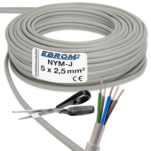 EBROM NYM-J 5x2,5 mm² - Mantelleitung - Installationskabel - Feuchtraumkabel - grau - Auswahl in 1 Meter Schritten, Meterware auf den Meter genau - Ihre Auswahl: NYM-J 5x2,5 mm2, Länge: 50 Meter EBROM NYM-J 5x2,5 mm² - Mantelleitung - Installationskabel - Feuchtraumkabel - grau - Auswahl in 1 Meter Schritten, Meterware auf den Meter genau - Ihre Auswahl: NYM-J 5x2,5 mm2, Länge: 50 Meter von EBROM