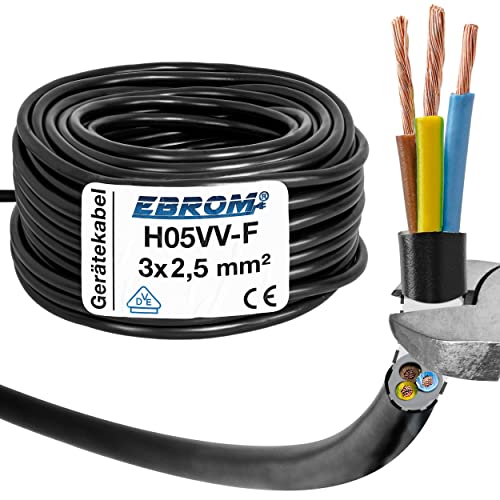 EBROM Schlauchleitung - Gerätekabel - H05VV-F 3G2,5 mm² - 3x2,5 mm2 - Farbe: schwarz - in vielen Längen lieferbar bis 50 Meter in 5 Meter Schritten - Ihre Längenauswahl: 50 Meter von EBROM