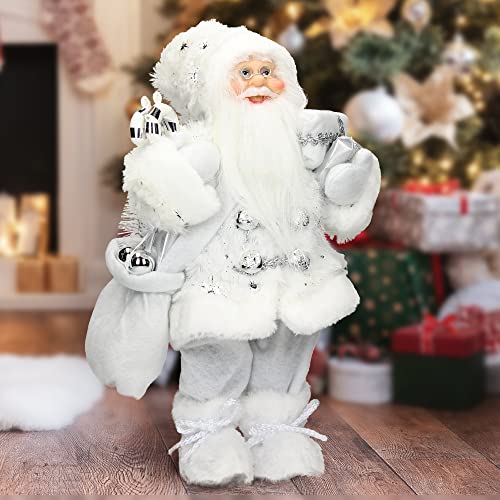 ECD Germany Weihnachtsmann Deko-Figur, 37 cm hoch, Weiß, mit Geschenkesack und Geschenke, detailreich, Santa-Claus Winterdeko Weihnachten Stehende Figur Winter Dekoration Nikolaus Weihnachtsdeko von ECD Germany