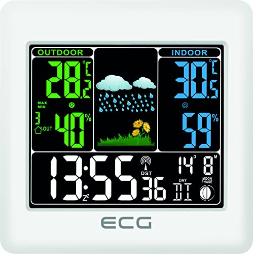 ECG MS 300 Multifunktions Wetterstation mit Funk-Außensensor, Wettervorhersage für 1 Tag, Thermometer, Hygrometer, Indoor/Outdoor (Farbdisplay), Weiß S von ECG