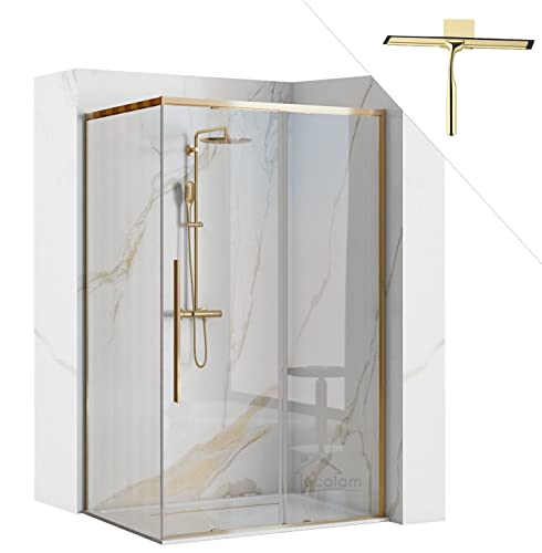 ECOLAM Dusche Duschkabine Eckdusche Solar Gold Klarglas transparent 90 x 90 195 cm golden bodengleich easy-clean Schiebetür + Duschabzieher Gold von ECOLAM