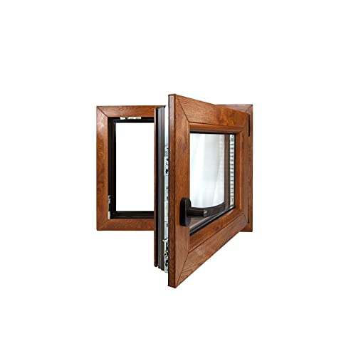 ECOPROF Kellerfenster | Langlebiges Kunststoff-Fenster | Maße 60x50 cm (600x500 mm) | Dreh-Kipp Fenster DIN Rechts | Farbe: Goldene Eiche (beidenseitig) | 70mm Profil von ECOPROF.eu