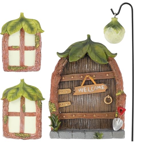 EDWINENE Feentür, Wichteltür Gartendeko, Miniatur Elfen-Tür und Fenster für Outdoor Bäumedekoration—leuchtenden Baum Garten Tür für Geschenk (Blätter) von EDWINENE