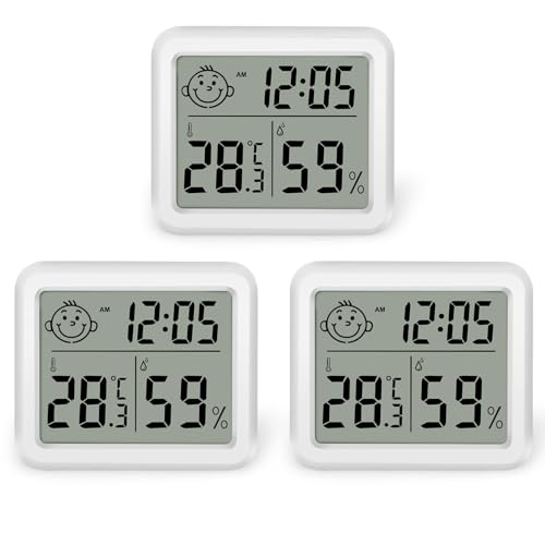 EEEKit 3 Stücke Digitales Raumthermometer Hygrometer Mit Uhrzeit, Großer Innen Temperatur Und Luftfeuchtigkeitsmesser Mit Smily Komfort Indikator Für Schlafzimmer, Babyzimmer, Kindergärten, Büro von EEEKit