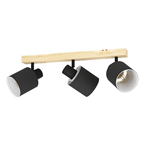 EGLO Deckenlampe Batallas, 3 flammige Deckenleuchte skandi, Deckenstrahler aus Holz, Textil, Metall, Wohnzimmerlampe in Natur, Schwarz, Weiß, Schlafzimmerlampe, Spots E27 von EGLO