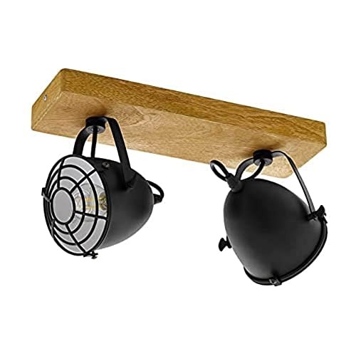 EGLO Deckenlampe Gatebeck, 2 flammige Deckenleuchte Vintage, Industrial, Retro, Deckenstrahler aus Stahl in Schwarz und Holz in Natur, Wohnzimmerlampe, Küchenlampe mit E14 Fassung von EGLO