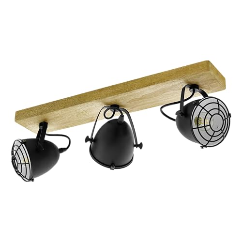 EGLO Deckenlampe Gatebeck, 3 flammige Deckenleuchte Vintage, Industrial, Retro, Deckenstrahler aus Stahl in Schwarz und Holz in Natur, Wohnzimmerlampe, E14 Fassung, FSC zertifiziert von EGLO