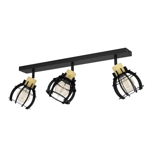 EGLO Deckenstrahler Stillington 1, 3-flammige Deckenlampe mit schwenkbaren Spots, FSC100HB, Deckenleuchte Industrial Design aus Metall in Schwarz und Holz in Natur, Deckenspot mit E27 Fassung von EGLO