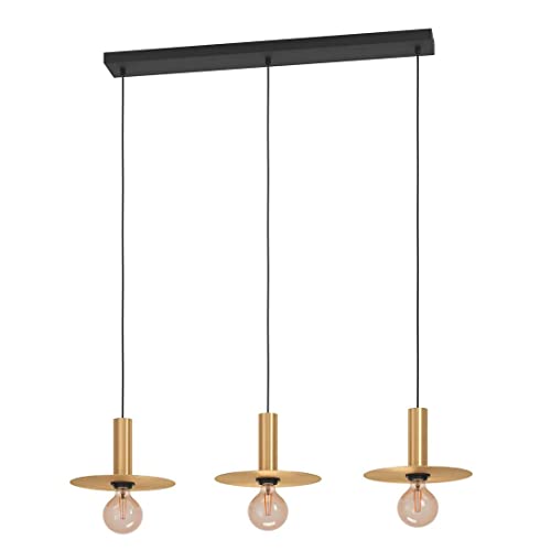 EGLO Hängelampe Escandell, 3-flammige Pendelleuchte über Esstisch, Esszimmerlampe New Retro, Hängeleuchte aus Metall in Messing-Gebürstet und Metall in Schwarz, E27 Fassung, 95 cm von EGLO