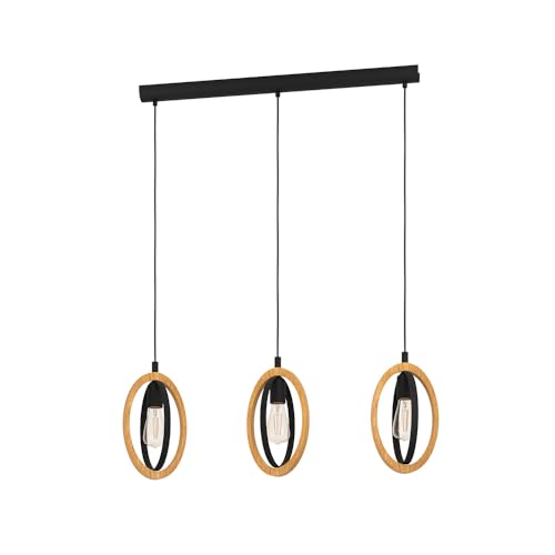 EGLO Pendelleuchte Basildon, 3 flammige Hängelampe Vintage, Industrial, Retro, Hängeleuchte aus Stahl und Holz in Schwarz, Natur, Esstischlampe, Wohnzimmerlampe hängend mit E27 Fassung, L 78 cm von EGLO