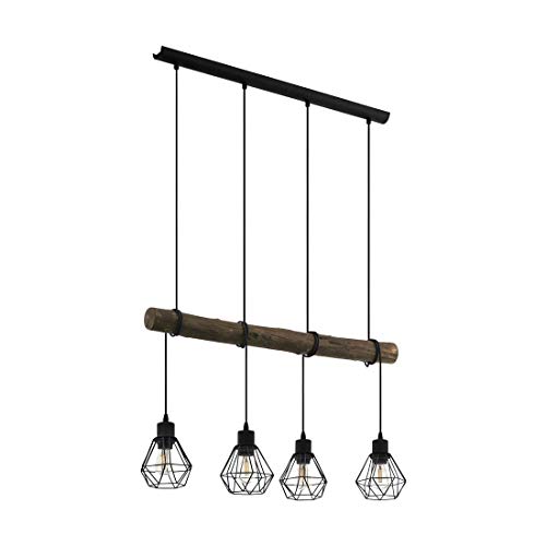 EGLO Pendelleuchte Horningtops, 4 flammige Hängelampe Vintage, Industrial, Retro, Hängeleuchte aus Stahl und Holz, Esstischlampe, Wohnzimmerlampe hängend in Schwarz, Natur, E27 Fassung, L 71 cm von EGLO