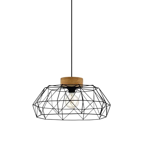 EGLO Pendelleuchte Padstow, Hängelampe Vintage, Industrial, Retro, Hängeleuchte aus Stahl und Holz in Schwarz, Natur, Esstischlampe, FSC zertifiziert, E27 Fassung von EGLO