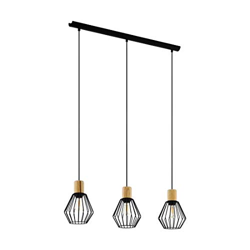 EGLO Pendelleuchte Palmorla, 3 flammige Hängelampe Vintage, Industrial, Retro, Hängeleuchte aus Stahl und Holz in Schwarz, Natur, Esstischlampe, Wohnzimmerlampe hängend mit E27 Fassung von EGLO