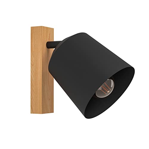 EGLO Wandleuchte innen Cotorro, Wandlampe mit beweglichem Spot, Wandstrahler aus Metall in Schwarz und Holz in Natur, FSC100HB, Flur und Wohnzimmer Lampe mit E27 Fassung von EGLO