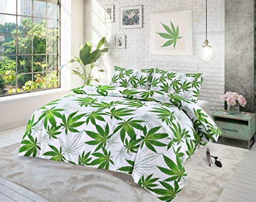 EHD Bettwäsche-Set, Motiv Cannabisblätter, luxuriös, modernes Design, wendbar, NZ, 50 % Baumwolle, 50 % Polyester, weiß/grün, Einzelbett von EHD