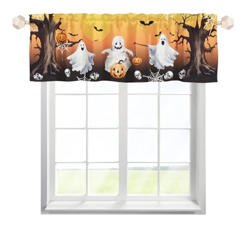 EHJOS Halloween Geist Totenkopf Scheibengardinen Bistrogardine mit Stangendurchzug Kurzstores Gardinen Elegant Fenstervorhang für Wohnzimmer Landhaus 137x45cm,2 Stück von EHJOS