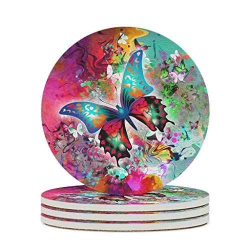 Schmetterling Blumen Untersetzer Rund Keramik Getränkuntersetzer mit Korkboden 4 Stück Dekorative Untersetzer für Glas Tassen Vasen Kerzen 10cm White 6PCS von EHJOS