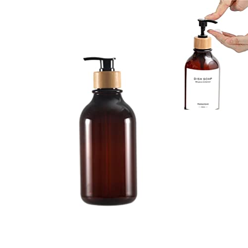 500 ml dicker, bernsteinfarbener Seifenspender, glänzende Oberfläche mit schwarzer Bambusholzpumpe, Boston runde Flaschenspender mit rostfreier Pumpe für ätherische Öle, Lotion, Seife (1 Stück) von EHOTER