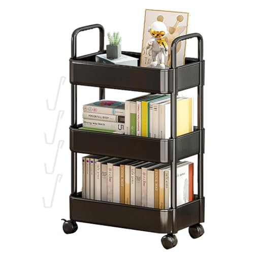 EHOTER Beweglicher Bücherregalwagen Drehbarer Abnehmbarer Multifunktionaler Rollwagen aus Kunststoff Schreibtisch Bücherregal Schreibtisch Organizer mit Rädern (schwarz,DREI Fächern) von EHOTER