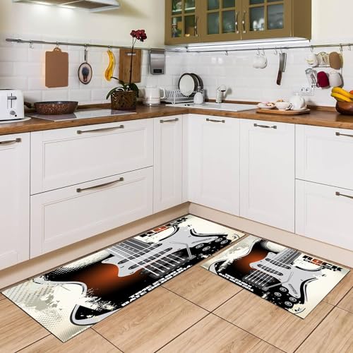EKLMPS Küchenmatten 2 Stück,Rockmusik, detailliertes Gitarrenmuster mit Streichern im Hintergrund,Waschbar Küchenmatten Komfort Pflegeleicht Für Küche Staubdicht Fußmatte,rutschfest,40x60+40x120cm von EKLMPS
