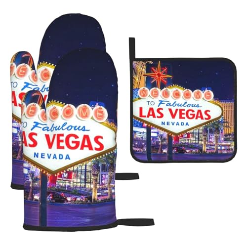 Las Vegas Night City Ofenhandschuhe und Topflappen, hitzebeständige Ofenhandschuhe und Topflappen, Grillhandschuhe, Hot Pads, Kochhandschuhe für Küche, Backen, Grillen, 3-teiliges Set von EKYOSHCZ