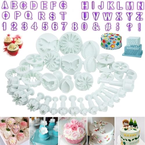 Ausstechformen für Fondant, 73 Stück, für Kuchen, Plätzchen, Plunger, Alphabet, Buchstaben, Dekoration, Werkzeug, Sonnenblume, Rose, Blatt, Schmetterling, Herz, hohler Calyx-Ausstecher, Modellierset von ELINKA