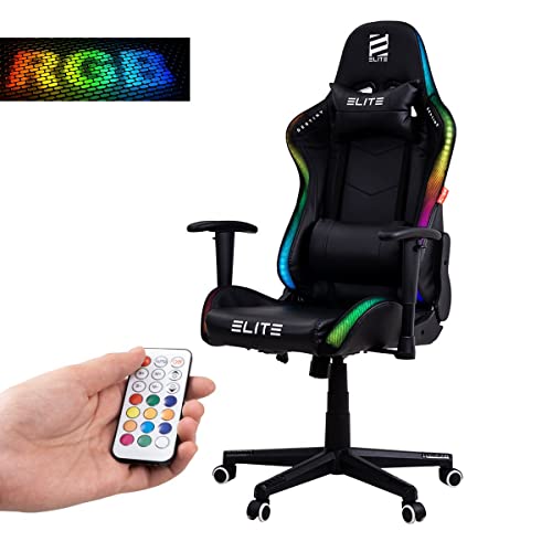 ELITE LED Gaming Stuhl MG200 Destiny | Ergonomischer Bürostuhl - Schreibtischstuhl - Chefsessel - Sessel - Racing Gaming-Stuhl - Gamingstuhl - Drehstuhl - Chair - Kunstleder (RGB Schwarz) von ELITE