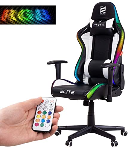 ELITE LED Gaming Stuhl MG200 Destiny | Ergonomischer Bürostuhl - Schreibtischstuhl - Chefsessel - Sessel - Racing Gaming-Stuhl - Gamingstuhl - Drehstuhl - Chair - Kunstleder (RGB Schwarz/Weiß) von ELITE