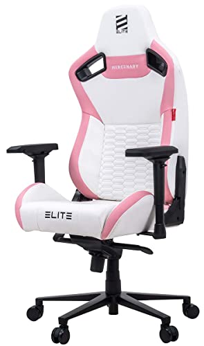 ELITE Profi Gaming Stuhl Mercenary | Ergonomischer Bürostuhl - 150 kg Belastbarkeit - Schreibtischstuhl - Chefsessel - Sessel - Racing Gamingstuhl - Drehstuhl - Kunstleder (Weiß/Pink) von ELITE