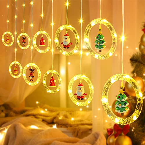 ELKTRY Weihnachtsdeko Fenster Innen, IP65 Wasserdicht 3x0.7m 100 LED lichtervorhang Lichterkette mit 10 Hängende Weihnachtspuppen Warmweiß Weihnachtsbeleuchtung außen mit 8 modi Timer Stecker von ELKTRY