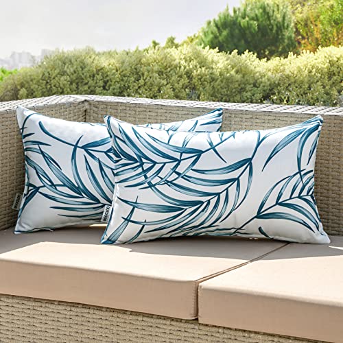 EMEMA Outdoor Kissenbezug Wasserdicht Blattmuster Dekokissen Wasserfeste Kissenbezüge Kissenhülle Zierkissen Couchkissen Bezug für Sofa Couch Schlafzimmer 2er Set 30x50 cm Blau von EMEMA