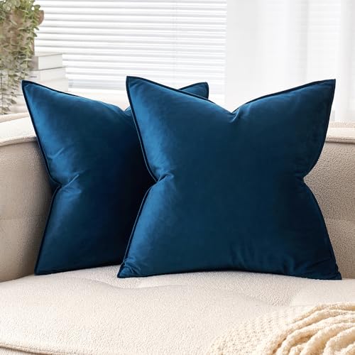 EMEMA Samt Kissenbezug Kissenhülle 40x40 cm Dekorative Sofakissen Dekokissen Umwickelte Kante 2er Set Kissenbezüge Zierkissenbezug für Sofa Wohnzimmer Schlafzimmer Dunkelblau von EMEMA