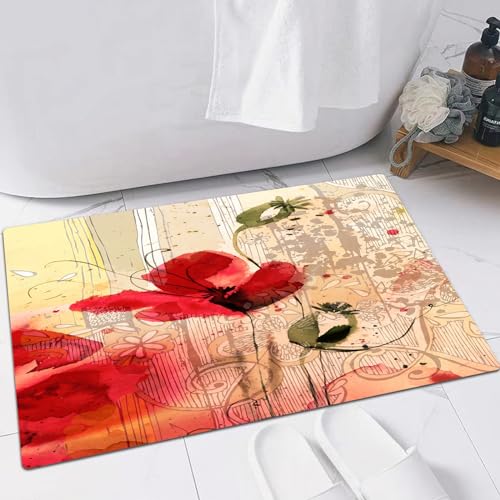 EMFSLA rutschfest Badezimmer Badeteppiche,Weich Hochflor Saugfähig Badvorleger Waschbar Flauschige Mikrofaser Badematte,Blume, Rote Mohnblume Beige Blumen Aquarell Design Digitaler Kunstdruc,60x90 cm von EMFSLA