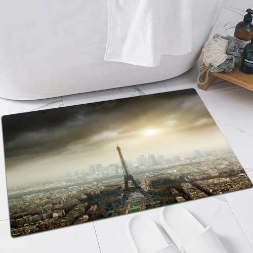 EMFSLA rutschfest Badezimmer Badeteppiche,Weich Hochflor Saugfähig Badvorleger Waschbar Flauschige Mikrofaser Badematte,Eiffelturm-Dekoration, Pariser Skyline, bewölktes Stadtbild, Silhouett,40x60 cm von EMFSLA