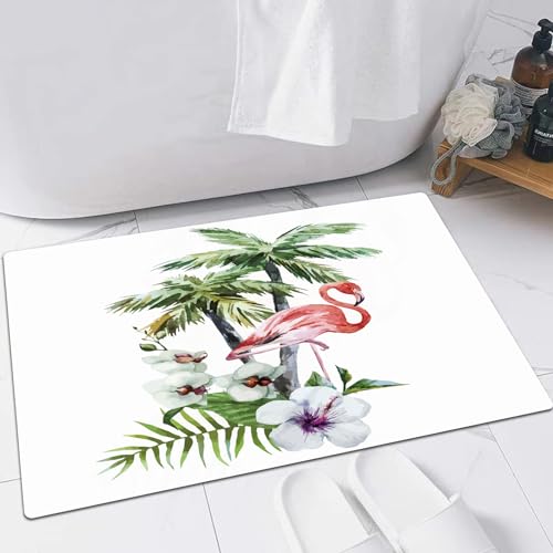 EMFSLA rutschfest Badezimmer Badeteppiche,Weich Hochflor Saugfähig Badvorleger Waschbar Flauschige Mikrofaser Badematte,Flamingo-Aquarell-Vogel-Dschungel-Hibiskus-Muster,40x60 cm von EMFSLA