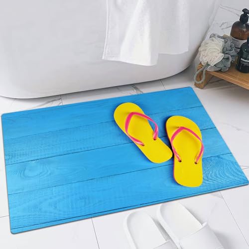 EMFSLA rutschfest Badezimmer Badeteppiche,Weich Hochflor Saugfähig Badvorleger Waschbar Flauschige Mikrofaser Badematte,Flip Flops Gelb auf blauem Holzhintergrund,60x90 cm von EMFSLA